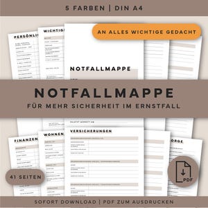 Könnte beinhalten: Ein Set aus ausdruckbaren Notfallmappe-Dokumenten im DIN A4 Format mit beigen Akzenten und schwarzem Text. Die Seiten enthalten Abschnitte für persönliche Daten, Finanzen, Wohnen und Versicherungen, inklusive der Aufschrift 41 Seiten.