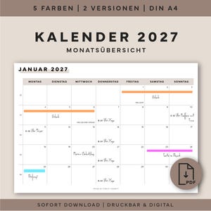 以下が含まれることがあります： 2027年1月のデジタルカレンダー。月間表示レイアウトです。日付、曜日、メモスペースが含まれています。デザインはミニマルで、ニュートラルな配色で、「KALENDER 2027 MONATSÜBERSICHT」のテキストがあります。