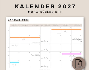 Kalender 2027 als PDF zum Ausdrucken – Monatsübersicht 2027 deutsch – Wandkalender A4 – Organisation Alltag – Büro – Sofort Download