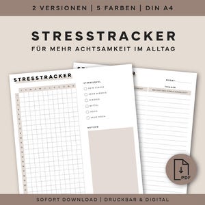 以下が含まれることがあります： ミニマリストデザインの、印刷可能なストレス追跡シートのセット。シートには、ストレスレベル、トリガー、メモを追跡するためのセクションが含まれています。シートのテキストはドイツ語です。配色は主に白とベージュです。