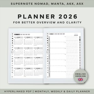 Può includere: Un'agenda digitale per il 2026, progettata per i dispositivi Supernote Nomad, Manta, A6X e A5X. L'agenda include visualizzazioni mensili, settimanali e giornaliere. L'immagine mostra un layout del calendario con il testo "PLANNER 2026" e "ENGLISH VERSION".
