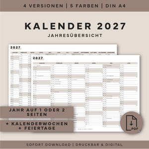 Könnte beinhalten: Jahreskalender für 2027 im minimalistischen Design. Der Kalender ist weiß mit schwarzem Text und enthält die Texte "KALENDER 2027" und "JAHRESÜBERSICHT". Erhältlich in 4 Versionen und 5 Farben. DIN A4 Format.