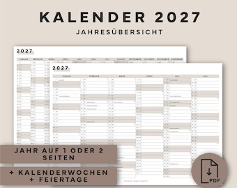 Kalender 2027 als PDF zum Ausdrucken – Jahresübersicht 2027 deutsch – Wandkalender – Organisation im Alltag und Büro