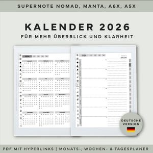 Può includere: Un'agenda digitale per il 2026, con visualizzazione del calendario e layout settimanale dettagliato. Il planner include collegamenti ipertestuali ed è progettato per dispositivi Supernote Nomad, Manta, A6X e A5X. Il testo sull'immagine recita "KALENDER 2026".