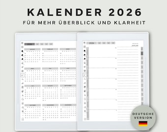 Könnte beinhalten: Digitaler Kalender 2026 mit Monats- und Wochenansicht, geeignet für Supernote Nomad, Manta, A6X und A5X Geräte. Der Kalender enthält Hyperlinks. Der Text auf dem Bild lautet "KALENDER 2026" und "FÜR MEHR ÜBERBLICK UND KLARHEIT".