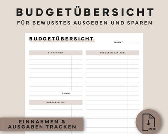 Könnte beinhalten: Ein A4-Budgetplaner mit dem Titel "BUDGETÜBERSICHT" in Schwarz. Der Planer enthält Abschnitte für Einnahmen, Ausgaben und Tracking. Der Text "EINNAHMEN & AUSGABEN TRACKEN" ist ebenfalls sichtbar. Das Design ist in neutralen Farben.