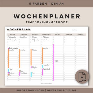 Könnte beinhalten: Ein weißer Wochenplaner mit dem Titel "WOCHENPLANER" und dem Text "TIMEBOXING-METHODE". Der Planer ist in Wochentage mit Platz für Aufgaben und Notizen unterteilt. Der untere Teil des Planers enthält den Text "SOFORT DOWNLOAD | DRUCKBAR & DIGITAL".