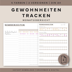 Könnte beinhalten: Ein digitaler Gewohnheitstracker zum Ausdrucken im Format A4. Das Design zeigt eine monatliche Übersicht mit Feldern zum Verfolgen von Gewohnheiten, mit den Worten "GEWOHNHEITEN TRACKEN" oben. Der Tracker beinhaltet eine PDF-Download-Option und ist in 5 Farben und 2 Versionen erhältlich.