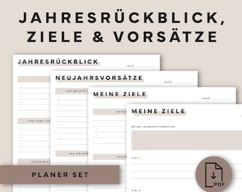 May include: A planner set with templates for yearly reviews, goals, and intentions. The design includes pages with headings like "Year in Review" and "My Goals." The set is available in 5 colors and DIN A4 size, with a PDF download option.