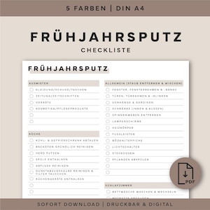May include: A printable spring cleaning checklist in German, featuring a black and white design with headings like "Kitchen" and "Bedroom." The checklist includes tasks such as cleaning appliances, washing bedding, and dusting. The text "SOFORT DOWNLOAD | DRUCKBAR & DIGITAL" is at the bottom.