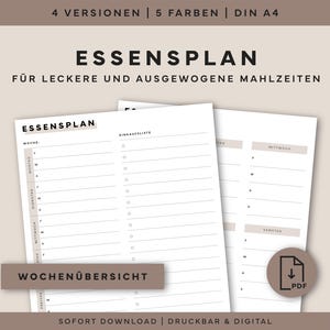 Könnte beinhalten: Ein Stapel weißer Essensplaner mit dem Text "ESSENSPLAN" und "Wochenübersicht". Der Planer enthält Abschnitte für die tägliche Essensplanung und Einkaufslisten. Das Bild enthält auch den Text "4 VERSIONEN | 5 FARBEN | DIN A4".