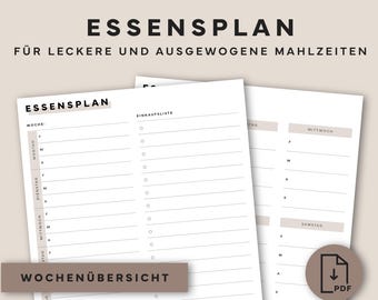 Planificador de comidas semanal con lista de compras para imprimir - Plan de comidas PDF en alemán - Planificador de menú familiar - Organización de la cocina del hogar