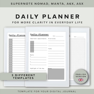 Könnte beinhalten: Drei digitale Tagesplaner-Vorlagen mit dem Text "DAILY PLANNER" und "FOR MORE CLARITY IN EVERYDAY LIFE". Die Vorlagen enthalten Abschnitte für Termine, Prioritäten, Aufgaben, Mahlzeiten und Notizen. Das Bild enthält auch den Text "3 DIFFERENT TEMPLATES".