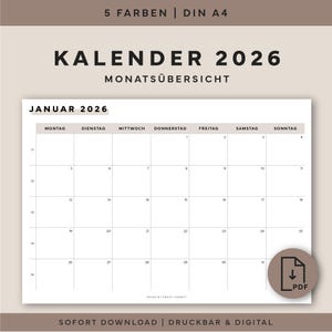 Kalender 2026 als PDF om af te drukken – Maandoverzicht 2026 Duits – Wandkalender A4 – Organisatie voor elke dag – Kantoor – Direct downloaden