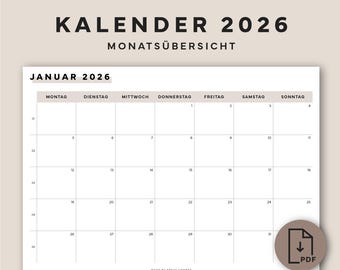 Kalender 2026 als PDF zum Ausdrucken – Monatsübersicht 2026 deutsch – Wandkalender A4 – Organisation Alltag – Büro – Sofort Download