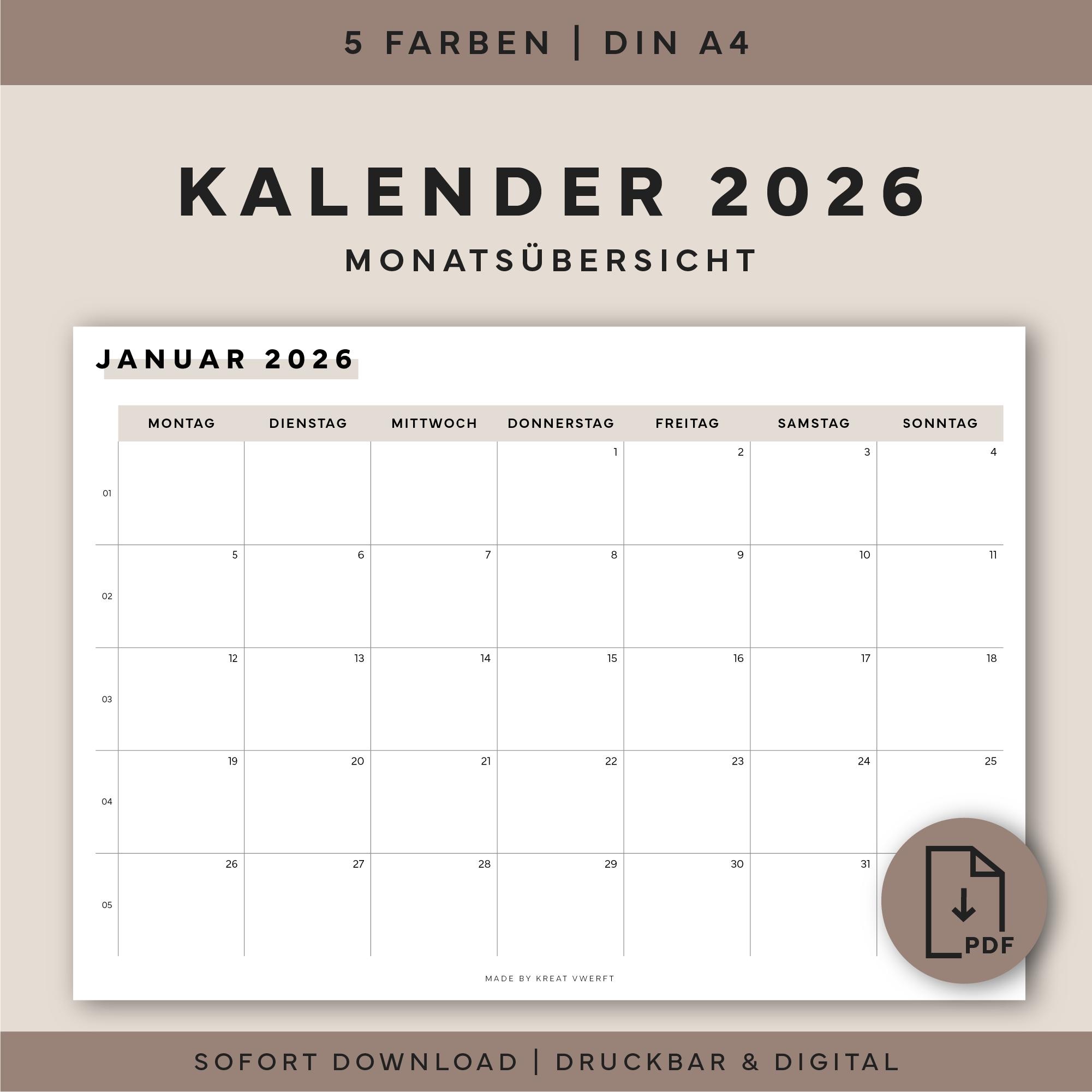 Kalender 2026 als PDF zum Ausdrucken – Monatsübersicht 2026 deutsch