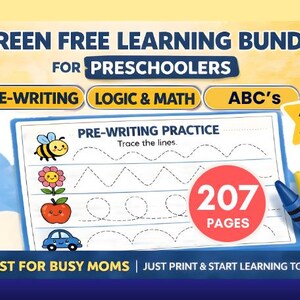 Könnte beinhalten: Ein bildschirmfreies Lernpaket für Vorschulkinder mit Vorschreiben, Logik & Mathe und ABC. Das Bild zeigt ein Arbeitsblatt mit Linien zum Nachzeichnen, eine Biene, eine Blume, einen Apfel und eine Auto-Illustration. Das Paket enthält 207 Seiten und ist für Kinder im Alter von 3-5 Jahren.