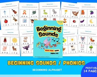 Può includere: Fogli di lavoro educativi stampabili per bambini dai 3 ai 5 anni. I fogli di lavoro presentano illustrazioni colorate ed esercizi di riconoscimento delle lettere. Il titolo "Beginning Sounds" è su sfondo blu, con "Best for Kids" e "14 pagine stampabili".