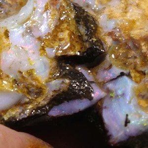 May include: Close-up of a rough opal stone with a mix of colors. The opal displays a play of color with flashes of blue, green, and red. The stone has a rough, textured surface with areas of white, brown, and black.