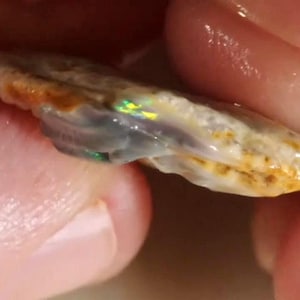 May include: A raw, unpolished opal gemstone featuring a translucent, milky white body with patches of iridescent green and yellow flashes. The stone has an irregular, flattened shape with rough, textured edges and visible brown mineral inclusions.