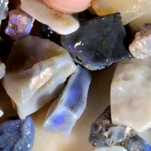 May include: A collection of raw, unpolished opal stones featuring a variety of shapes and sizes. The stones display iridescent flashes of blue, purple, and white against dark grey and translucent base colors, with some pieces showing rough textures.