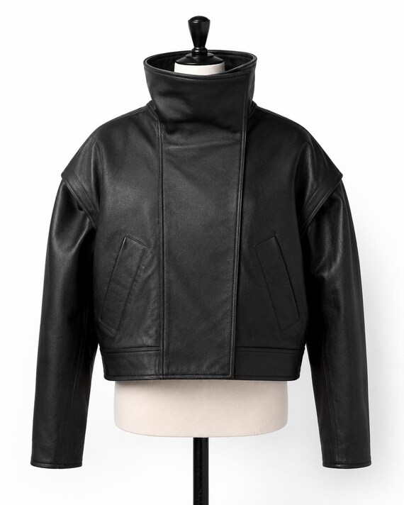 Genuine Black Cowhide Leather Jacket, Unisex High Collar Cropped Jacket, Design 86