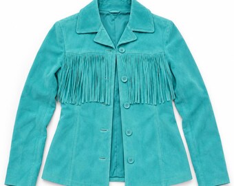 Turquoise Goatskin Suede Fringe Jacket for Women
