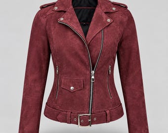 Women's Burgundy Goatskin Suede Biker Jacket with Asymmetric Zip