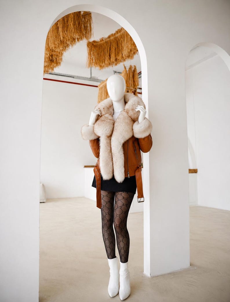 May include: A mannequin wearing a tan leather jacket with a large, fluffy cream-colored fur collar and cuffs, a black mini skirt, black patterned tights featuring a repeating logo design, and white ankle boots with a pointed toe and block heel.