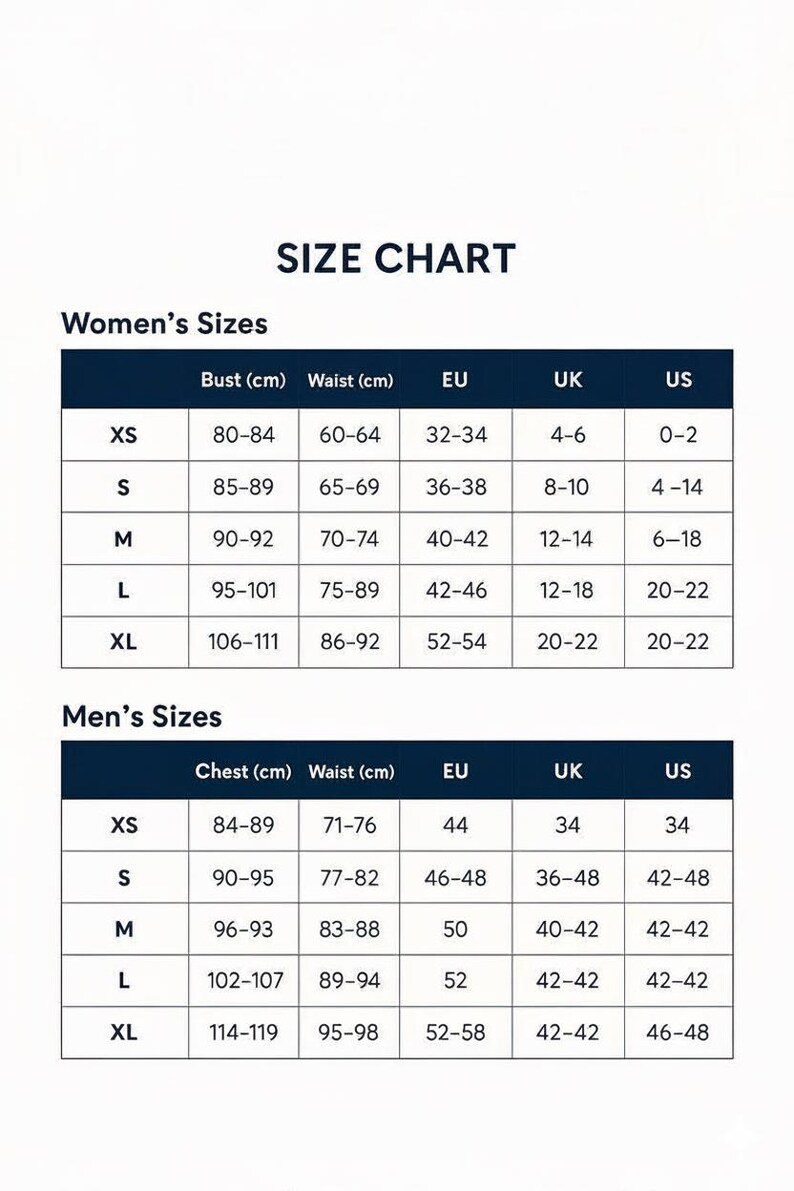Puede incluir: Una tabla de tallas de ropa para mujer y hombre, con medidas en cent&iacute;metros. La tabla incluye tallas de pecho, cintura, EU, UK y US, que van desde la XS hasta la XL. El texto "SIZE CHART" est&aacute; en la parte superior.