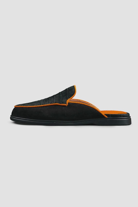 Handcrafted Mules Men – Black Suede & Crocodile Leather Slip On – Bespoke Luxury Loafers – Orange Piping – Custom Made | Draxen Leather