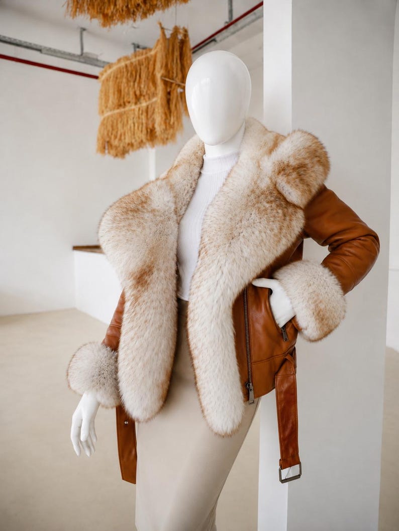 May include: A tan leather jacket featuring a large, thick cream and light brown fur collar and matching fur cuffs. The jacket includes a front zipper closure, a belted waist with a metal buckle, and long sleeves, displayed on a white mannequin.