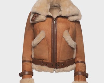 Women’s Cognac Shearling Bomber Jacket – Vintage Cropped Sheepskin Aviator Winter Coat