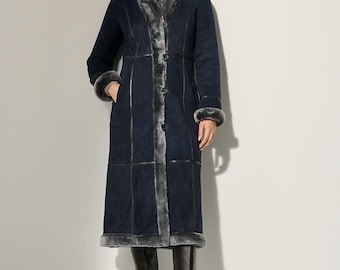 Abrigo reversible de piel de oveja | Chaqueta azul marino de piel de oveja sintética | Prendas de abrigo de invierno de lujo | Abrigo de piel Draxen hecho a mano