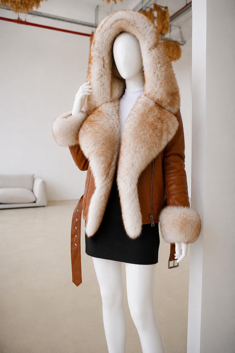May include: A tan leather jacket featuring a large hood, wide lapels, and cuffs trimmed with thick, fluffy, light brown and cream-colored fur. The jacket includes a matching leather belt with a silver-toned buckle and a side zipper closure.