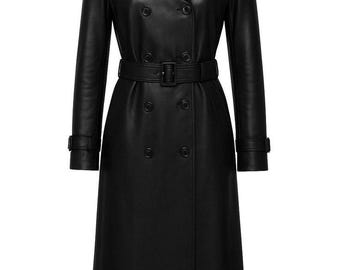 Gabardina de piel auténtica hecha a mano: prenda clásica de invierno en negro