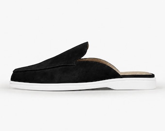 Men's Black Suede Mule Loafers | Backless Slip On Loafers | Handmade Leather Mules | White Sole | Wedding & Business Casual Shoes