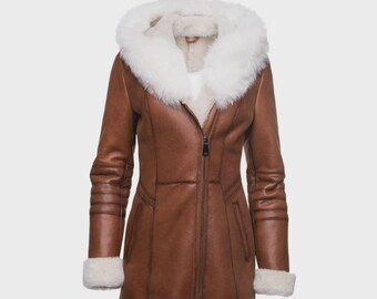 Abrigo de invierno de piel de oveja color canela – Chaqueta de piel de oveja para mujer con capucha con ribete de piel