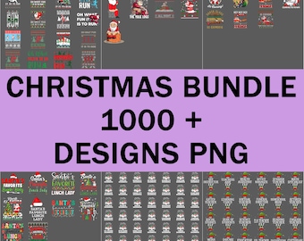 May include: A collection of Christmas-themed PNG designs. The image features various designs with Santa Claus, holiday phrases, and festive elements. Text includes "Christmas Bundle 1000+ Designs PNG" and other holiday-related words.