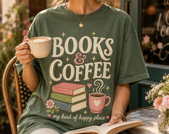 Books and Coffee Shirt, Book Lover Tee, Reading Graphic Shirt, Coffee Lover Gift, Cute Bookish Shirt, Reader Gift Comfort Colors Library Tee