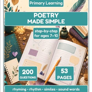 以下が含まれることがあります： Primary Learningのブランド名が入った「Poetry Made Simple」というタイトルの開かれた学習用ワークブック。ページには罫線付きのセクション、吹き出し、星のイラストが描かれています。黄色い鉛筆が紙の上に置かれ、ノートやペンに囲まれています。