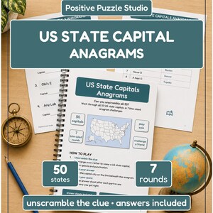 May include: A spiral-bound activity book titled US State Capital Anagrams featuring a map of the United States on the cover. The book contains instructions for 50 state capital puzzles split into 7 rounds, with answer sheets included, accompanied by a brass compass and a small globe.