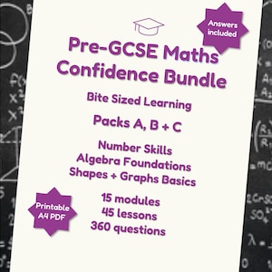 Puede incluir: Un papel blanco con texto morado que promociona un Pre-GCSE Maths Confidence Bundle. El texto incluye "Bite Sized Learning", "Packs A, B + C" y "15 módulos, 45 lecciones, 360 preguntas". Incluye "Answers included" y "Printable A4 PDF".
