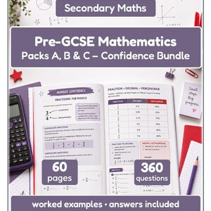 May include: A Pre-GCSE Mathematics Confidence Bundle with the text "Secondary Maths". The bundle includes packs A, B & C, with 60 pages and 360 questions. The book covers fractions, decimals, and percentages, with worked examples and answers.