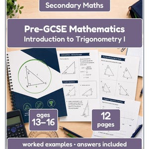 May include: A workbook titled "Pre-GCSE Mathematics Introduction to Trigonometry I" with worked examples and answers. The cover is blue and white, with the text "Secondary Maths" at the top. Includes a calculator, protractor, and pens.