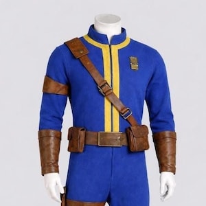 May include: A blue jumpsuit with yellow accents, brown leather straps, and pouches. The costume features a high collar, long sleeves, and a belt. The outfit includes brown arm cuffs and a holster. The overall design suggests a futuristic or sci-fi theme.