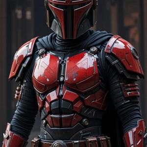 Puede incluir: Primer plano de la armadura de un guerrero mandaloriano. El casco es negro con detalles rojos, y la placa del pecho es de un rojo vibrante. La armadura incluye hombreras, un cinturón y una capa negra, creando un efecto visual impactante.