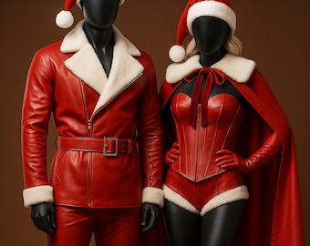 Ensemble de costume de père Noël en cuir fait main pour couple – Tenue des Fêtes rouge