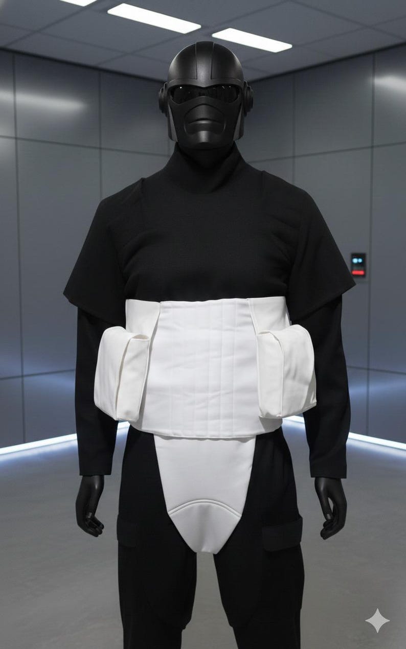 May include: A black futuristic helmet and uniform with a white waist and chest piece. The helmet has a visor and ear pieces. The uniform is black with a high collar and short sleeves. The waist piece has two pockets.