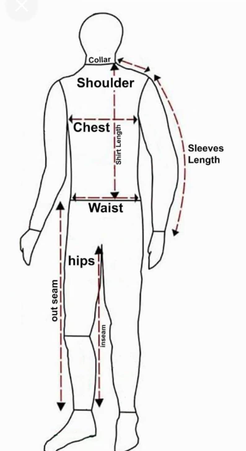 May include: A diagram illustrating body measurements for clothing. Key areas labeled include collar, shoulder, chest, waist, hips, inseam, outseam, and sleeve length. Dashed lines and arrows indicate measurement points for accurate sizing.